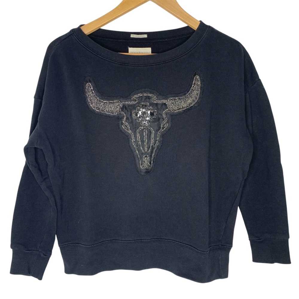 Denim Supply Ralph Lauren Beaded Bull Skull French Terry Black Sweatshirt Small